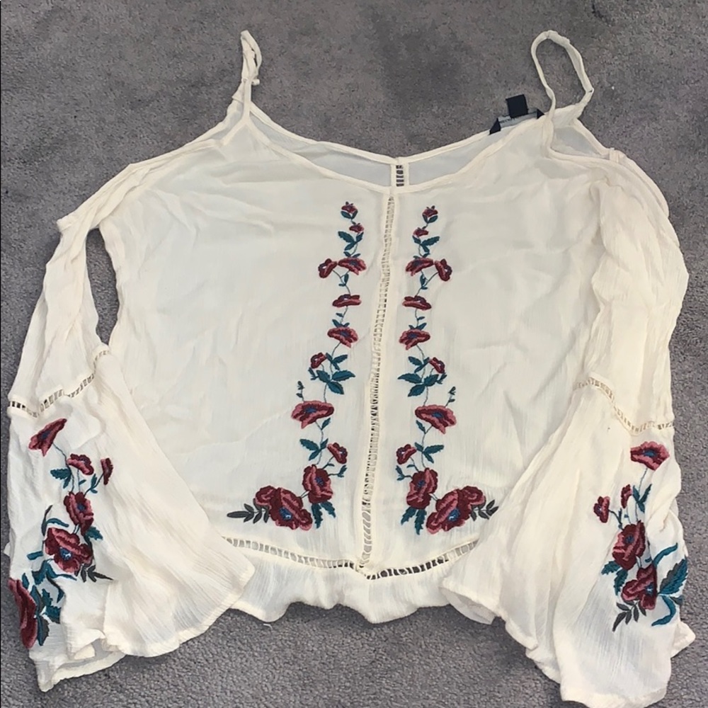 Cream floral off the shoulder long sleeve blouse